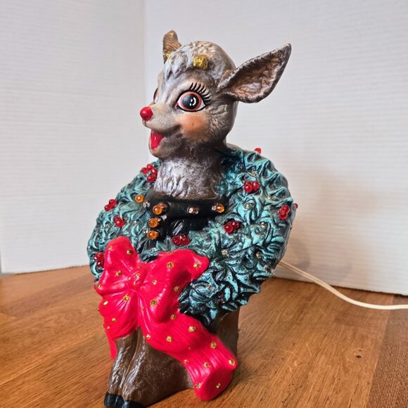 Rare Vintage Ceramic Light-Up Reindeer Figure w Wreath Christmas Decor 12” Works - Picture 2 of 6